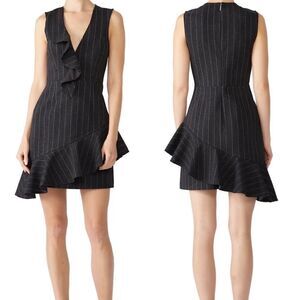 Saylor Bettie Charcoal Gray Pinstripe Ruffle Sheath Mini Dress Sz S